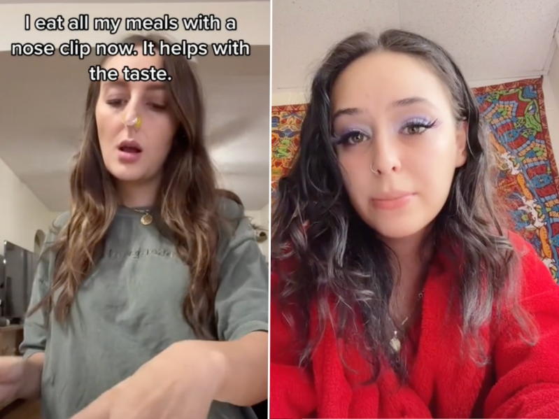 Two side by side screenshots of young women who suffer from Parosmia, one of them wearing a nose plug while eating