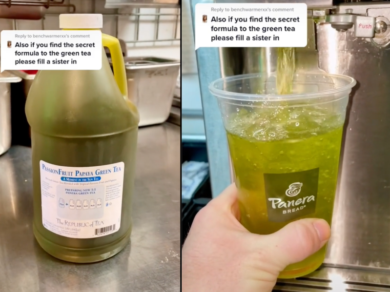 Side by side screen grabs of a Panera employee making their green tea