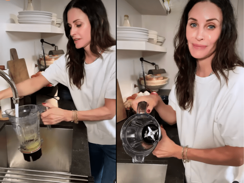 Side by side screengrabs of courteney cox showing a cleaning hack and washing a blender