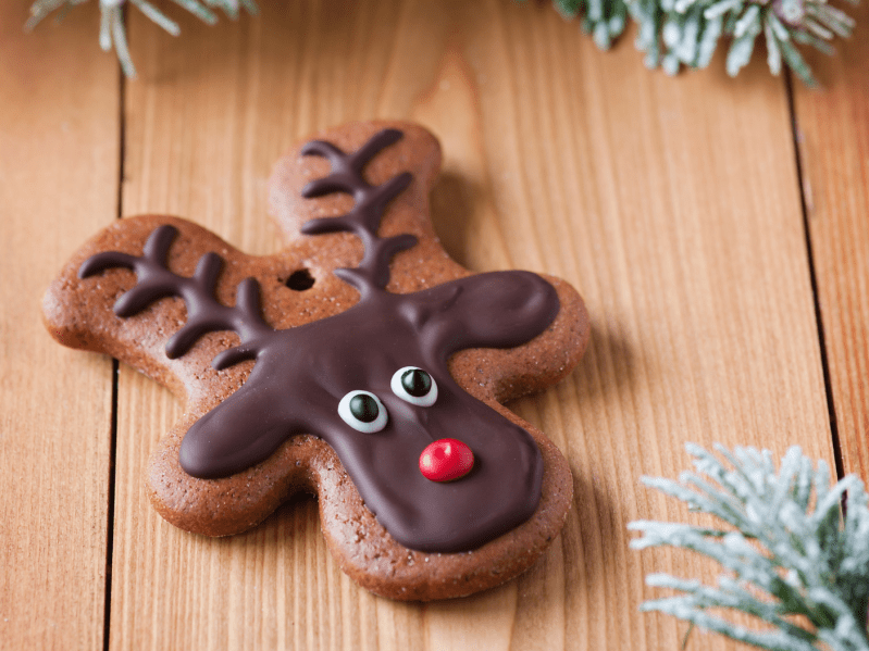 Reindeer gingerbread cookie on table
