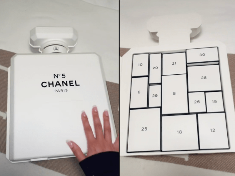 Screengrabs from an unboxing video of Chanel's $825 advent calendar 2021