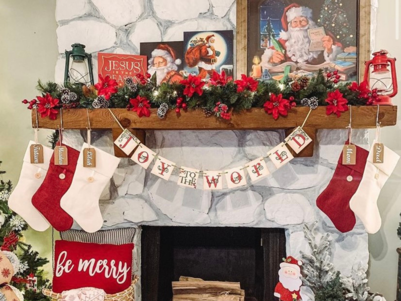 Maximalist christmas decorations on a mantle