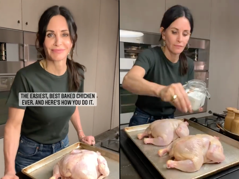 Side by side images of Courteney Cox making her Chicken and Leek recipe