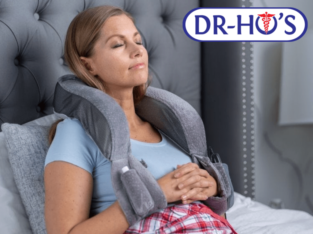 Woman relaxing wearing DR-HO's Neck Pain Pro