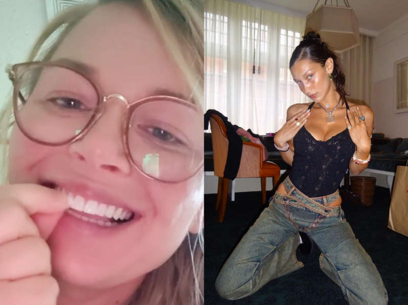 TikTok user whitening teeth with a magic eraser, Bella Hadid with pencil thin brows