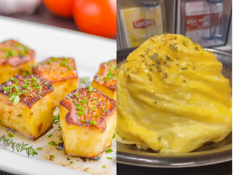Side by side images of melting potatoes and a tornado omelette.
