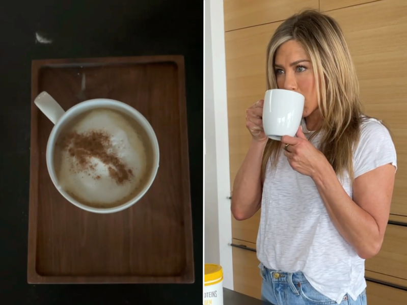 Jennifer Aniston sipping a latte with Vital Proteins