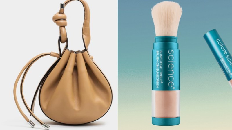 (Left) A photo of a brown bag against a white background. (Right) Photo of a tinted powder sunscreen against a colorful background