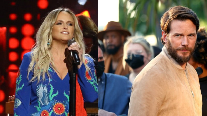 (Left) Miranda Lambert wears blue as she performs onstage. (Right) Chris Prat wears a tan jacket and stands amid a crowd