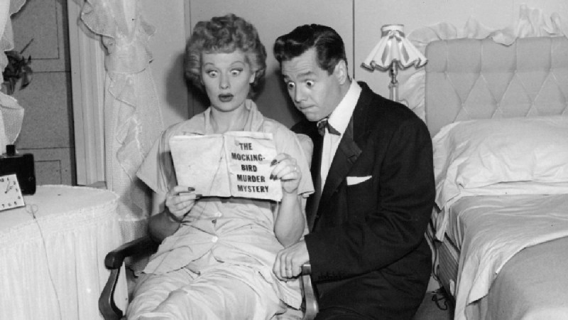 Lucille Ball and Desi Arnaz pose on set of I Love Lucy