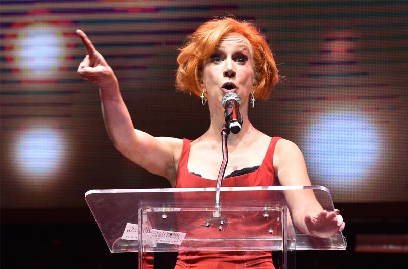 Kathy Griffin speaking in a microphone