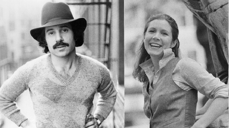 Two separate black and white photos with (left) depicting a young Paul Simon and (right) showing a young Carrie Fisher