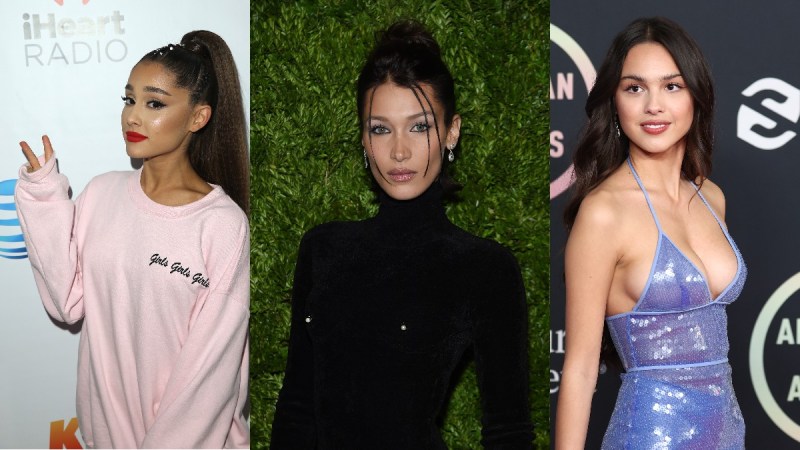 Three separate photos depicting Ariana Grande, Bella Hadid, and Olivia Rodrigo