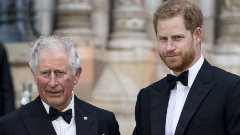 Prince Charles and Prince Harry both wear black tuxes as they pose for photos outdoors