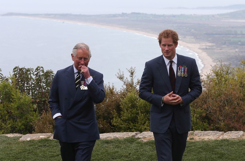 Prince Charles and Prince Harry walking together on a cliff near the ocean.