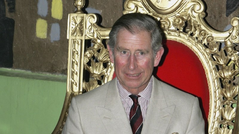 Prince Charles wears a khaki colored suit and sits on a red and gold throne
