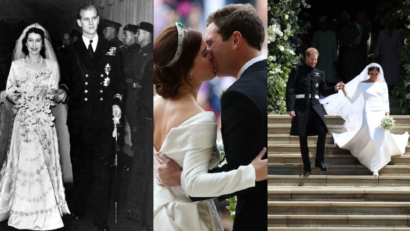 Three photos of royal weddings (from left to right) featuring Queen Elizabeth and Prince Philip, Princess Eugenie and Jack Brooksbank, and Prince Harry and Meghan Markle