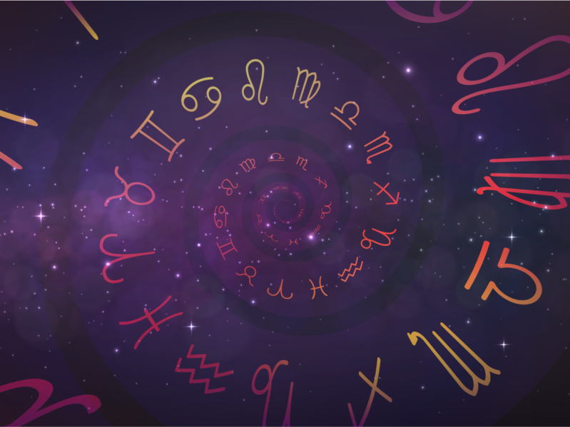 Background with spiral symbols of the zodiac signs in space