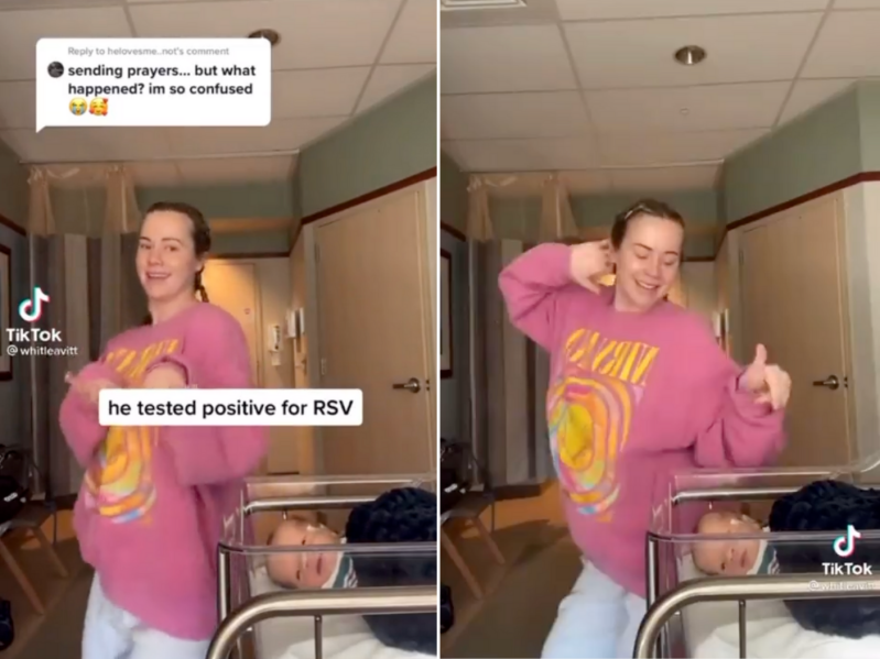 Screengrab of tiktok user dancing next to her hospitalized baby