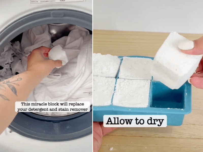 Screengrab side by sides of a woman putting a laundry miracle block into a washing machine and a woman pulling the miracle block out of a silicone mold