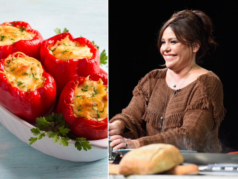 Two side by side screen grabs of Rachael Ray and a plate of stuffed peppers