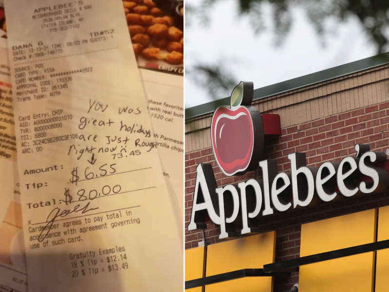 The exterior of an Applebees and a screengrab of a receipt showing a very low tip