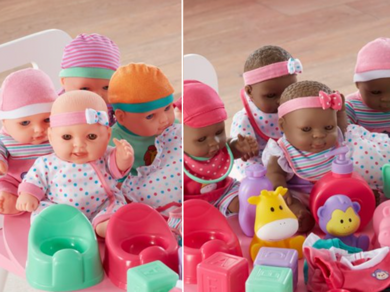 Two screen grabs of white and black baby dolls
