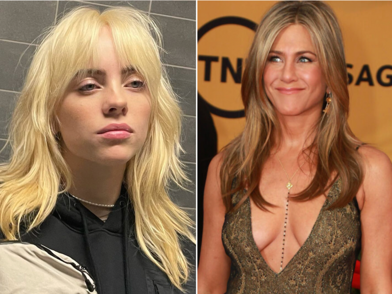 Screengrabs of Jennifer Aniston and Billie Eilish, both with an octopus haircut