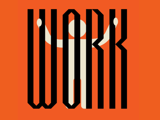 An illustration of a person behind bars, the bars spell out the words "work"