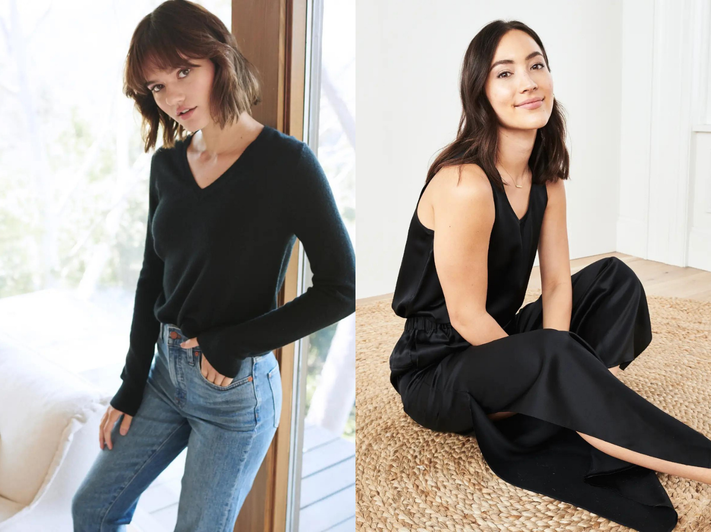 Models showcasing Quince's V-Neck Cashmere Sweater and Quince's Washable Silk Pajama Set.