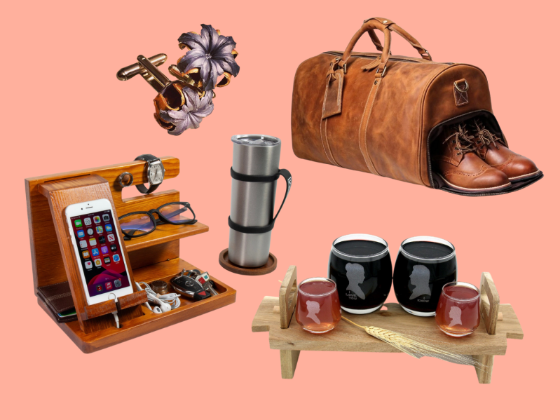 From left to right clockwise: bullet cufflinks, leather duffel bag, glassware on wooden tray, desk organizer