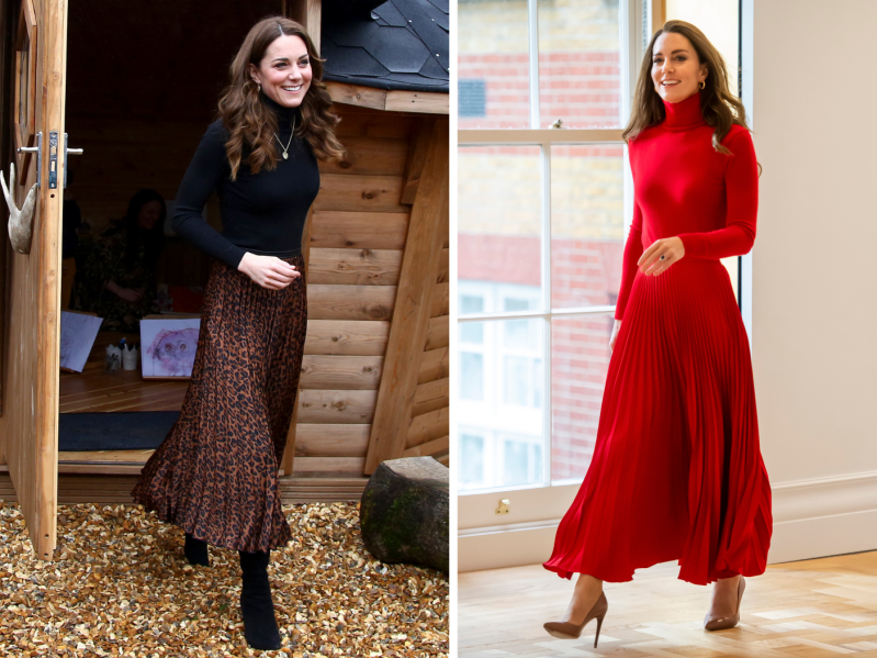 Screen grabs of Kate Middleton wearing a leopard print pleated skirt and a red pleated skirt