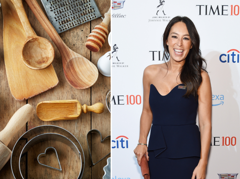 Side by side screen grabs of Joanna Gaines and various kitchen utensils on wooden table
