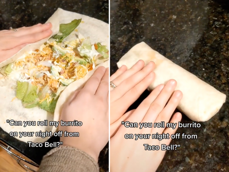 Side by side screengrabs of a TikTok user showing the technique of how to roll a perfect burrito