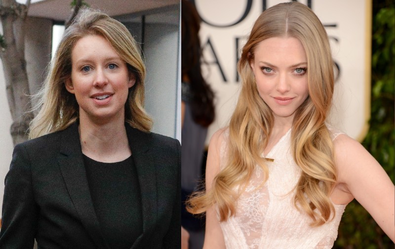 Two side by side photos of Elizabeth Holmes (left) and Amanda Seyfried (right)
