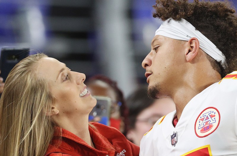 Brittany Matthews greating Patrick Mahomes after a game