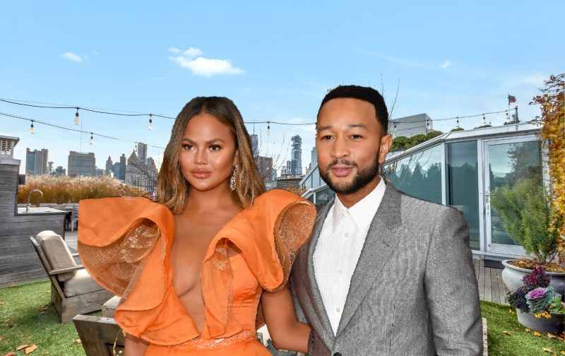 A photo of Chrissy Teigen and John Legend is photoshopped over the rooftop terrace of their NYC property