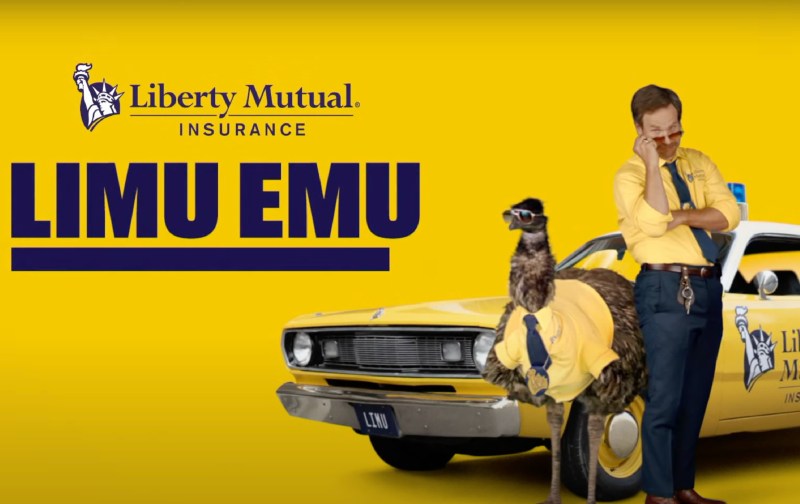 A screenshot of the Liberty Mutual emu and "Doug" aka David Hoffman in front of a yellow background