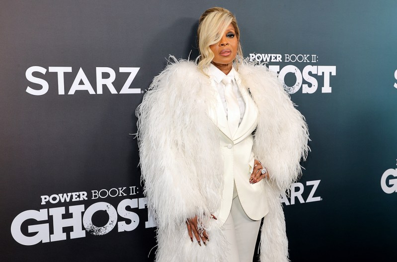Mary J. Blige in a all white outfit with a white fur and blonde hair