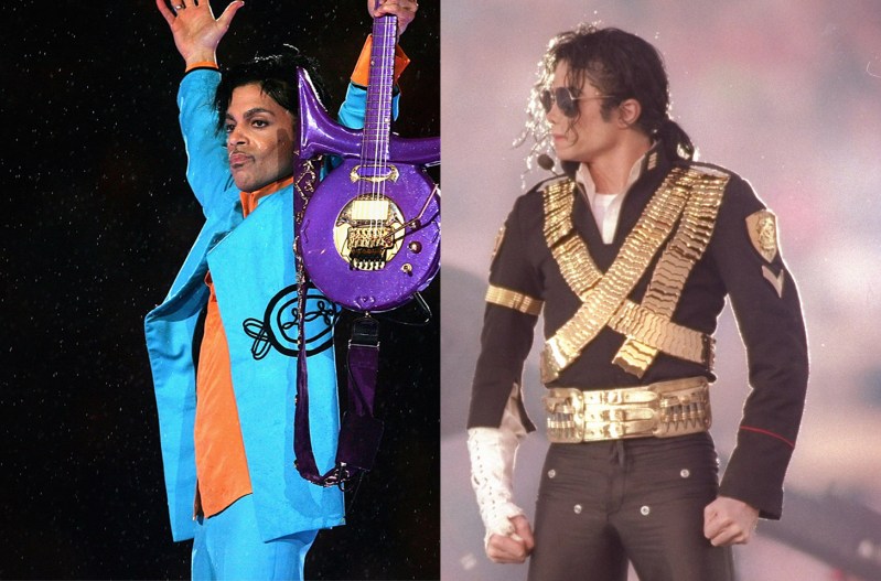 Side by side photos. Prince on the left in purple, holding a guitar, Michael Jackson dressed in pseudo-military uniform on the right