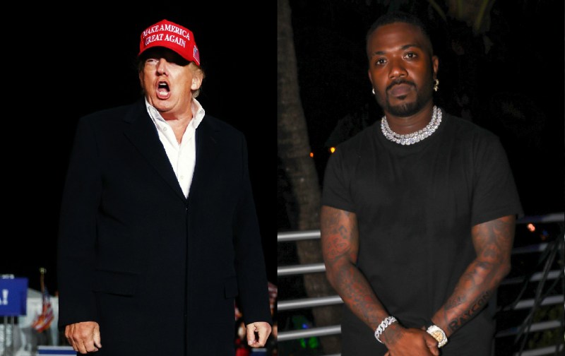 Two photos depict Donald J Trump (left) departing a political rally and Ray J (right) posing for a photographer