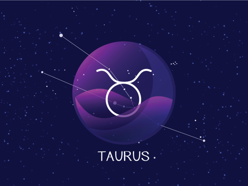 Taurus sign zodiac background. Beautiful and simple vector image of night starry sky with taurus or bull zodiac constellation behind glass sphere with encapsulated taurus sign and constellation name.