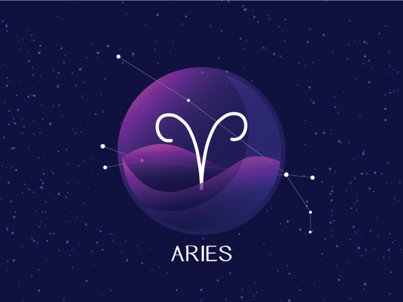 Aries sign, zodiac background. Beautiful and simple vector image of night, starry sky with aries zodiac constellation behind glass sphere with encapsulated aries sign and constellation name.