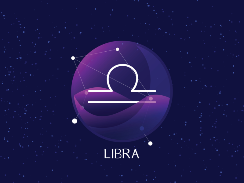 Libra sign, zodiac background. Beautiful and simple vector image of night, starry sky with libra zodiac constellation behind glass sphere with encapsulated libra sign and constellation name.
