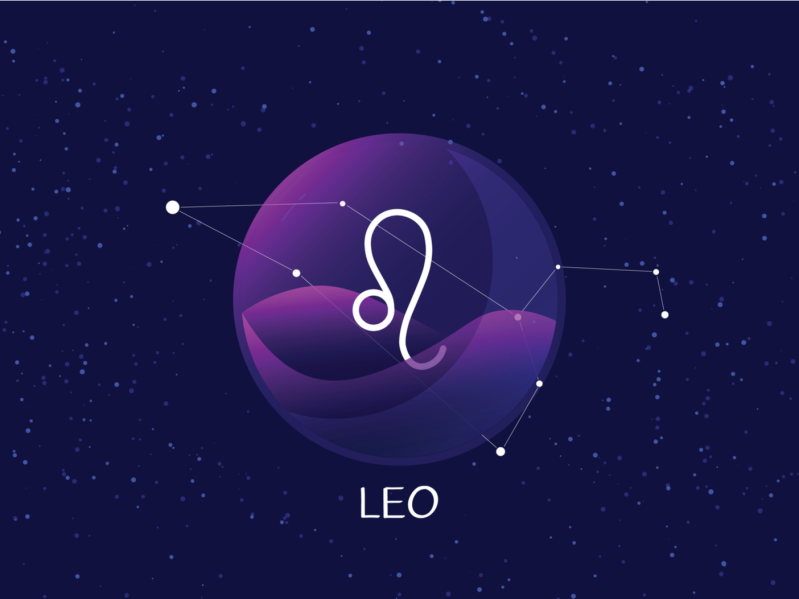 Leo sign, zodiac background. Beautiful and simple vector image of night, starry sky with leo zodiac constellation behind glass sphere with encapsulated leo sign and constellation name.