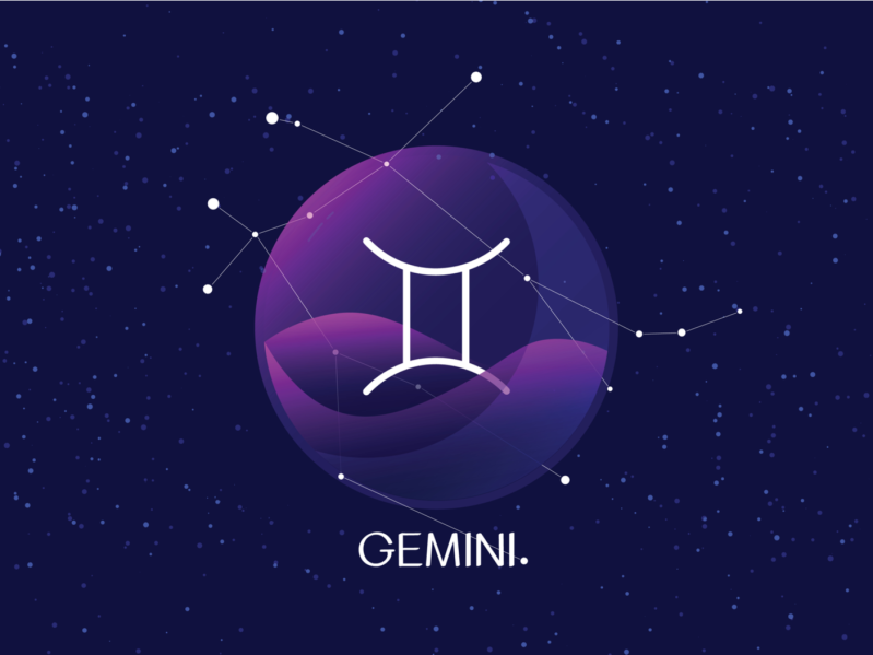 Gemini sign, zodiac background. Beautiful and simple vector image of night, starry sky with gemini zodiac constellation behind glass sphere with encapsulated gemini sign and constellation name.
