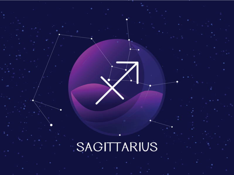 Sagittarius sign background. Beautiful and simple vector image of night starry sky with sagittarius zodiac constellation behind glass sphere with encapsulated sagittarius sign and constellation name.