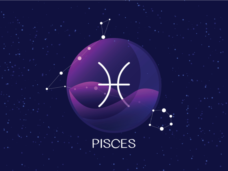 Pisces sign, zodiac background.Beautiful and simple vector image of night, starry sky with pisces zodiac constellation behind glass sphere with encapsulated pisces sign and constellation name.