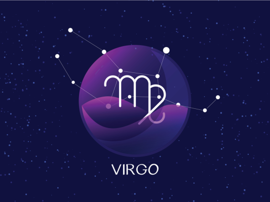 Virgo sign, zodiac background. Beautiful and simple vector image of night, starry sky with virgo zodiac constellation behind glass sphere with encapsulated virgo sign and constellation name.