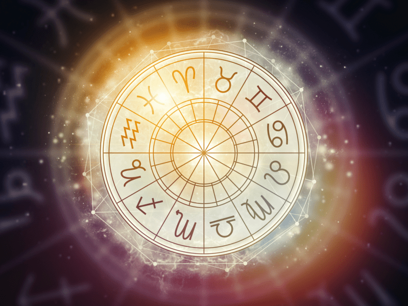 Astrological circle with the signs of the zodiac on a background of the starry sky